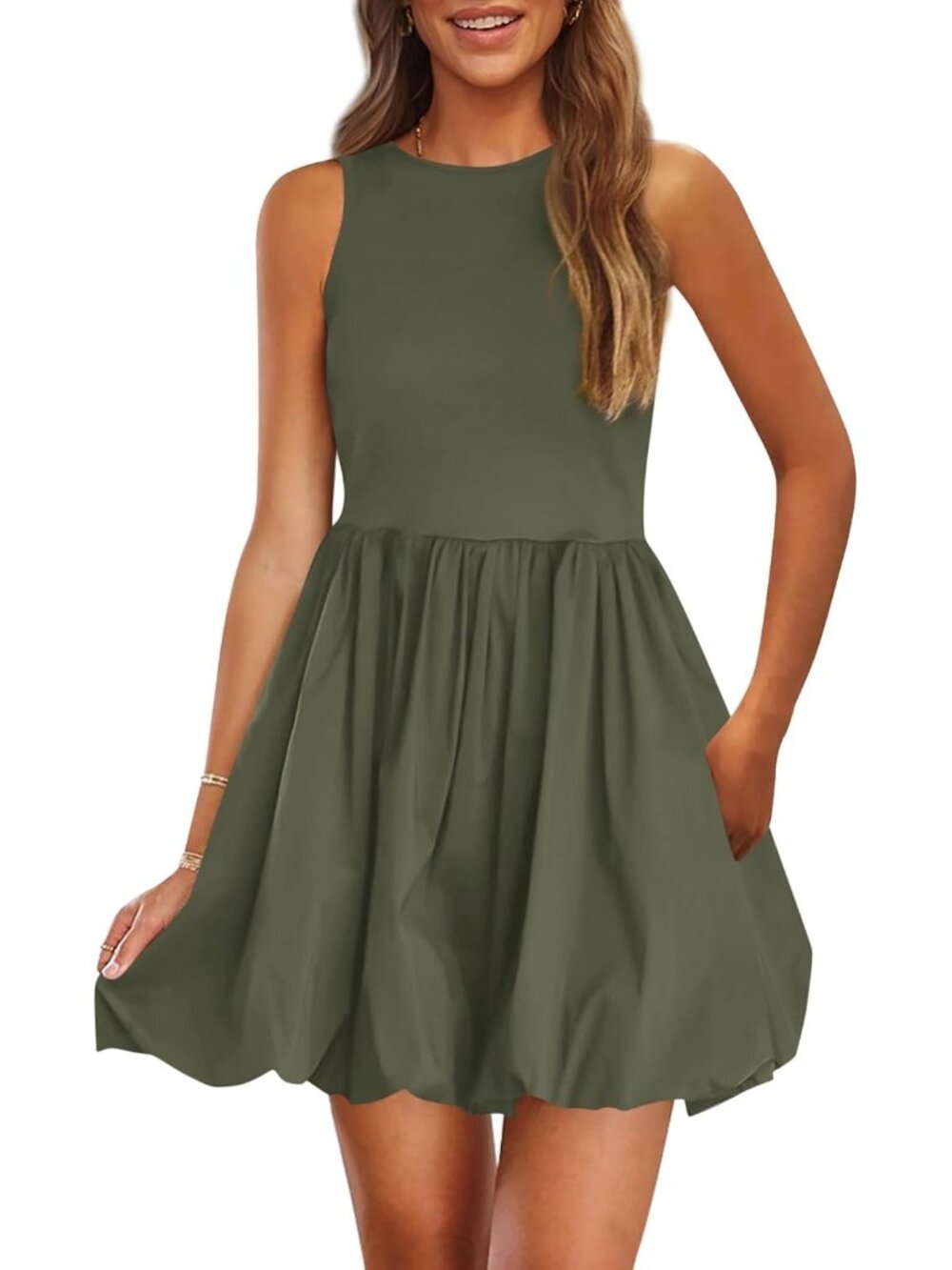 Women's Army Green Casual Sleeveless Tank Crew Neck Short Cocktail Mini Dress